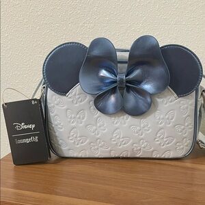 Loungefly Disney White Crossbody Bag with Shiny Blue Bow & Ears